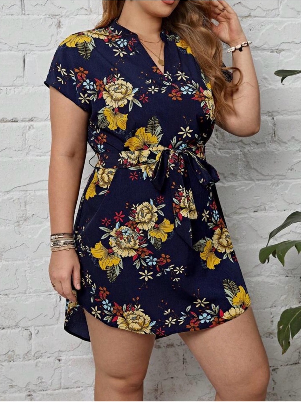 SHEIN Navy Floral Tie-Waist Mini Dress